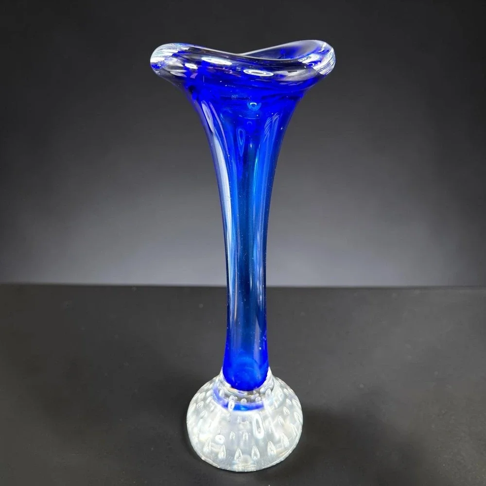 Aseda Glasbruk Cobalt Blue Art‎ Glass Vase Controlled Bubble Base Tri Corner Rim